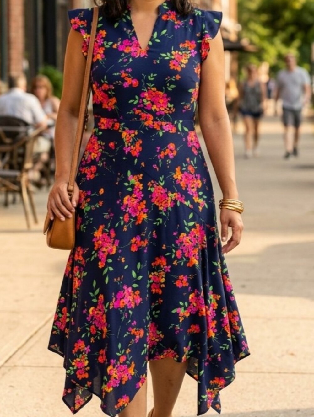 Nanette Lepore Floral Asymmetrical Midi Dress Navy Pink Orange Size 8
